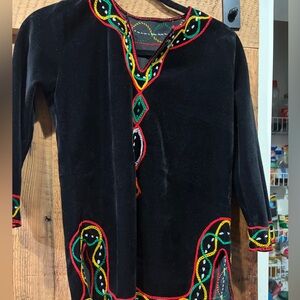 African Black Velvet Tunic with Colorful Embroidery- Green,Red,Yellow Size small